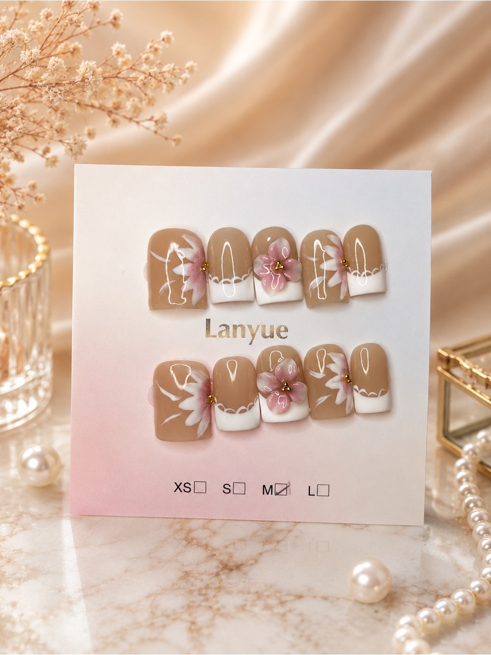 Pretty Nude & Pink Floral French Press-On Nails